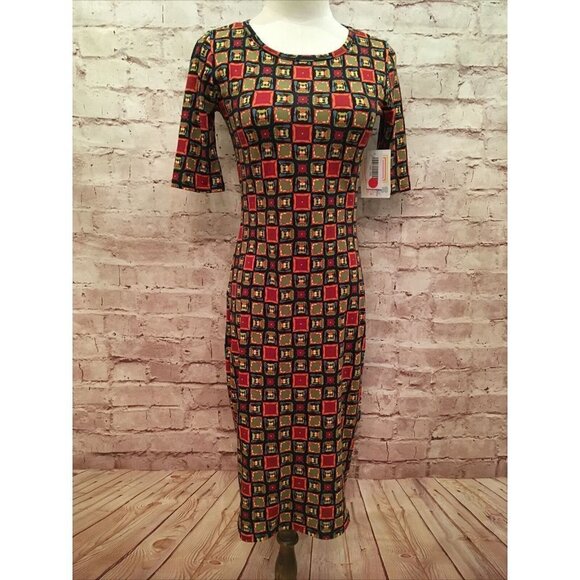 LuLaRoe JULIA Pencil Sheath Dress Womens XXS Maroon Multi Color Square Print NEW - Picture 1 of 3